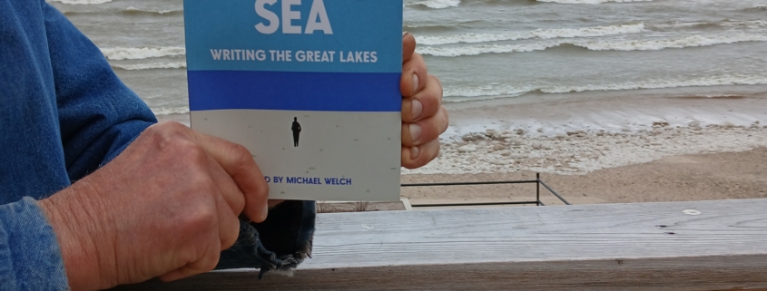 Joan Donaldson holds her copy of On An Inland Sea: Writing the Great Lakes at Pier Cove Park on the Lake Michigan shore.